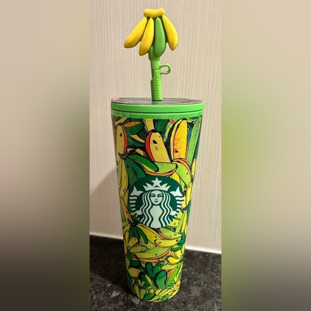 Farm Rio + Starbucks banana mix tumbler and keychain combo, NEW